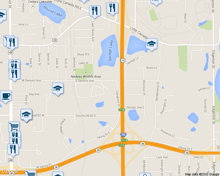 map of restaurants, bars, coffee shops, grocery stores, and more near 2485 Canabury Drive in Little Canada