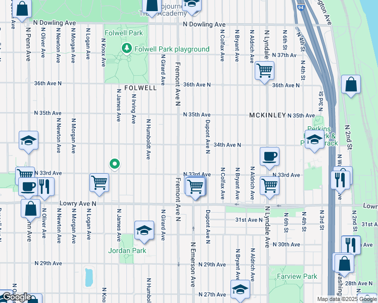 map of restaurants, bars, coffee shops, grocery stores, and more near in Minneapolis