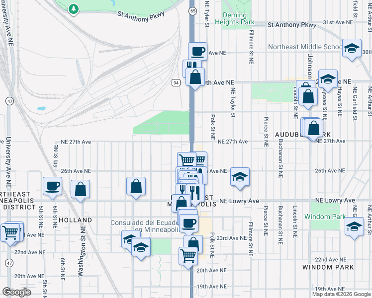 map of restaurants, bars, coffee shops, grocery stores, and more near 2646 Central Avenue Northeast in Minneapolis