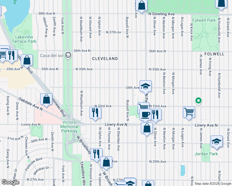 map of restaurants, bars, coffee shops, grocery stores, and more near 3348 North Sheridan Avenue in Minneapolis