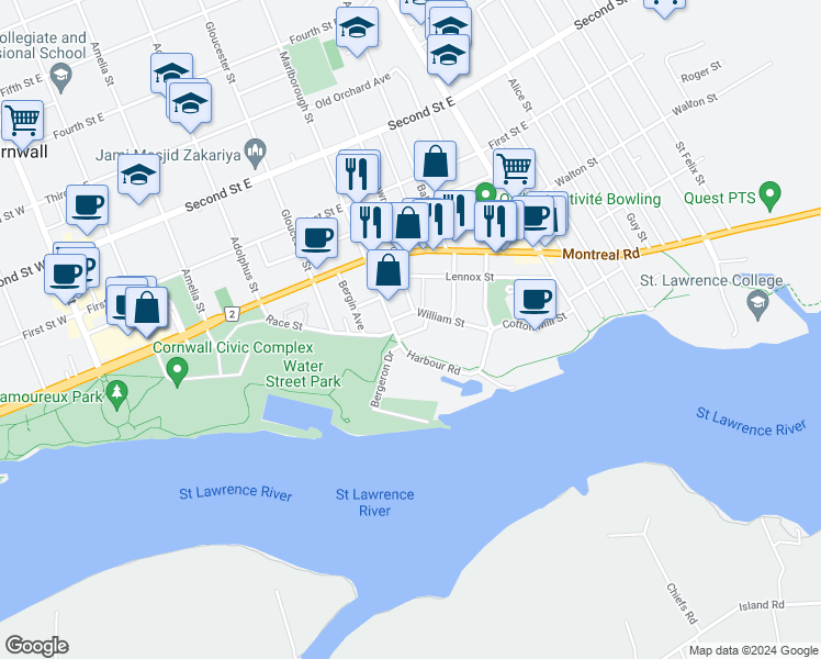 map of restaurants, bars, coffee shops, grocery stores, and more near 10 Race Street in Cornwall