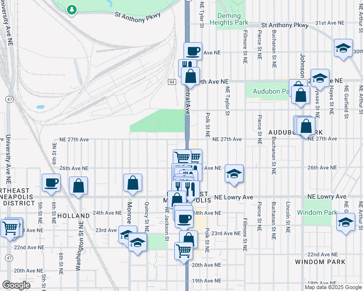 map of restaurants, bars, coffee shops, grocery stores, and more near 2646 Central Avenue Northeast in Minneapolis