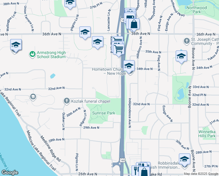 map of restaurants, bars, coffee shops, grocery stores, and more near 3301 Highway 169 in Plymouth