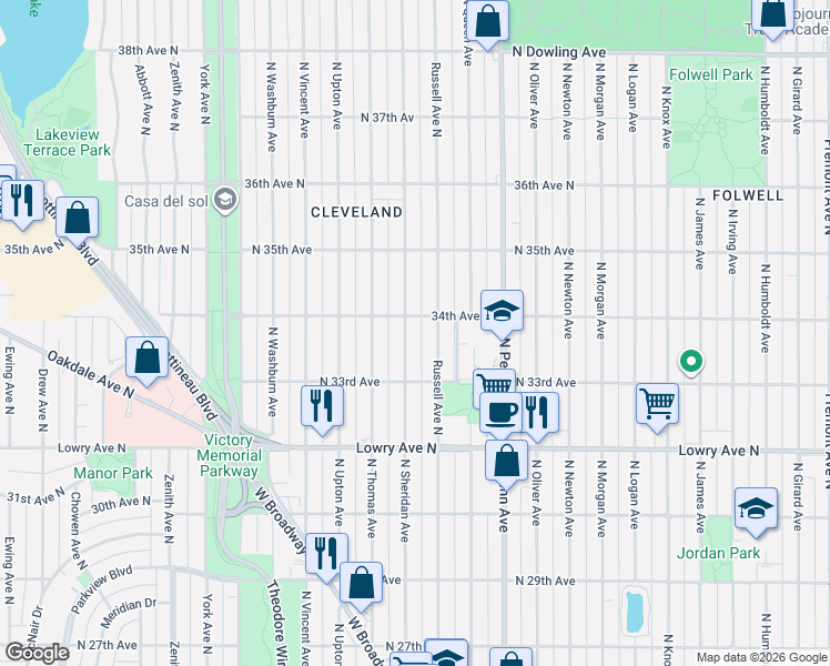 map of restaurants, bars, coffee shops, grocery stores, and more near 3348 North Sheridan Avenue in Minneapolis