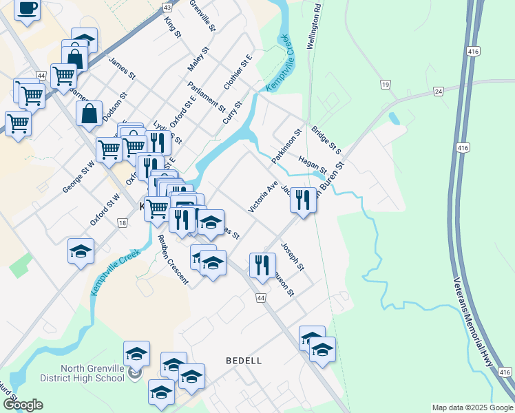 map of restaurants, bars, coffee shops, grocery stores, and more near 11 Victoria Avenue in Kemptville