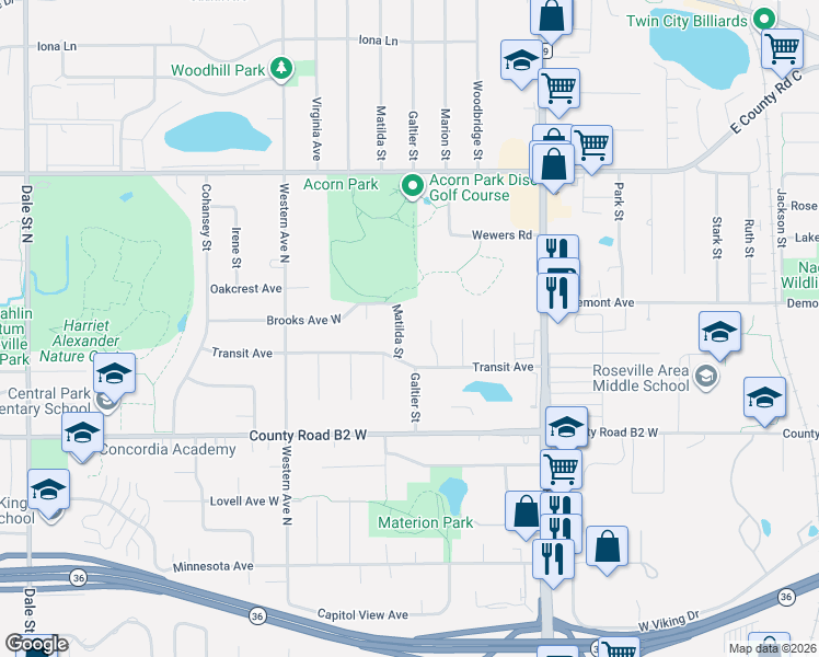 map of restaurants, bars, coffee shops, grocery stores, and more near 2493 Galtier Circle in Roseville