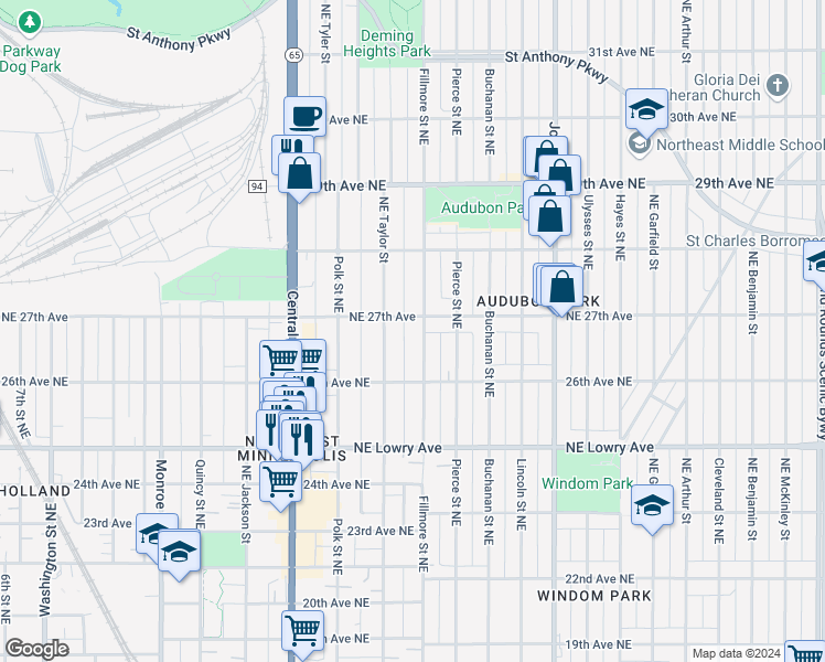 map of restaurants, bars, coffee shops, grocery stores, and more near 1110 27th Avenue Northeast in Minneapolis