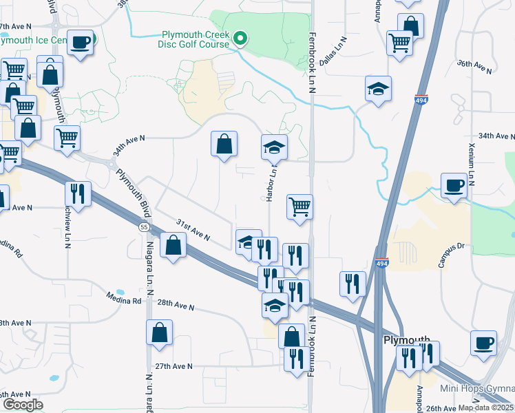 map of restaurants, bars, coffee shops, grocery stores, and more near 3165 Harbor Lane North in Plymouth