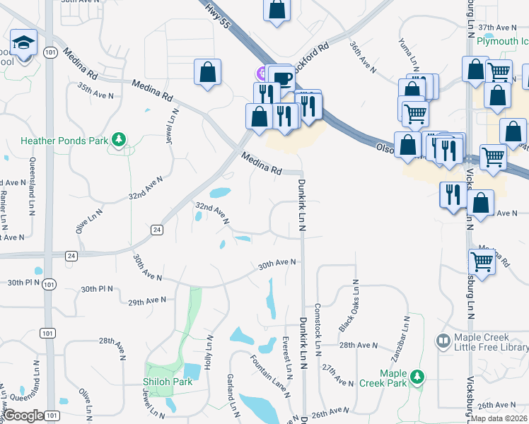map of restaurants, bars, coffee shops, grocery stores, and more near 3230 Fountain Lane North in Plymouth