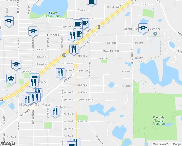 map of restaurants, bars, coffee shops, grocery stores, and more near 4675 Gershwin Avenue North in Oakdale