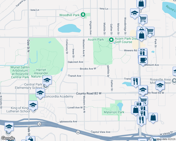 map of restaurants, bars, coffee shops, grocery stores, and more near 370 Brooks Avenue West in Roseville