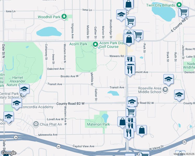 map of restaurants, bars, coffee shops, grocery stores, and more near 2493 Galtier Circle in Roseville