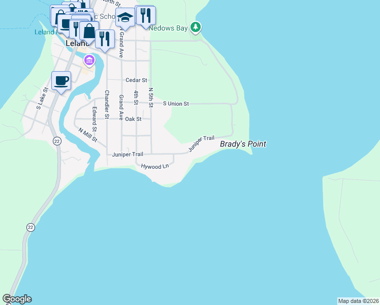 map of restaurants, bars, coffee shops, grocery stores, and more near 454 Juniper Trail in Leelanau