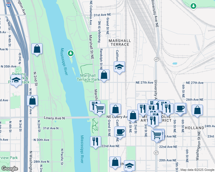 map of restaurants, bars, coffee shops, grocery stores, and more near 2651 Grand Street Northeast in Minneapolis