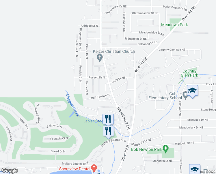 map of restaurants, bars, coffee shops, grocery stores, and more near 142-144 Delta Court North in Keizer