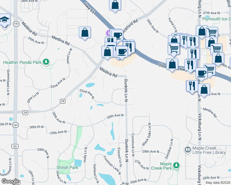 map of restaurants, bars, coffee shops, grocery stores, and more near 3230 Fountain Lane North in Plymouth