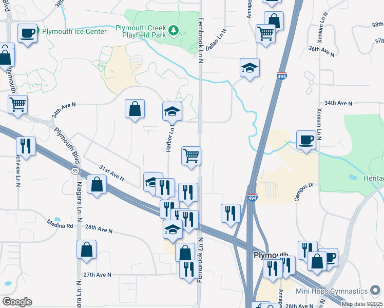 map of restaurants, bars, coffee shops, grocery stores, and more near 3231 Fernbrook Lane North in Plymouth