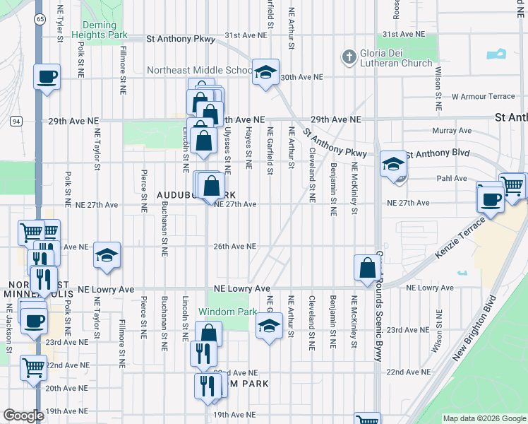 map of restaurants, bars, coffee shops, grocery stores, and more near 2648 Garfield Street in Minneapolis
