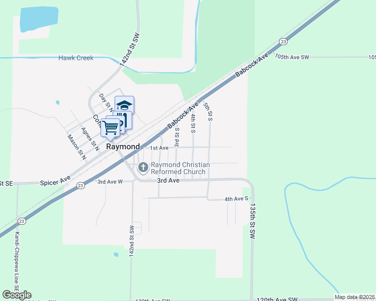 map of restaurants, bars, coffee shops, grocery stores, and more near 202 4th Street South in Raymond
