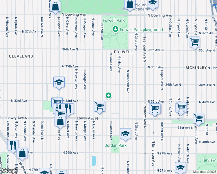 map of restaurants, bars, coffee shops, grocery stores, and more near 3350 North Knox Avenue in Minneapolis