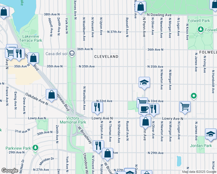 map of restaurants, bars, coffee shops, grocery stores, and more near 3351 North Thomas Avenue in Minneapolis
