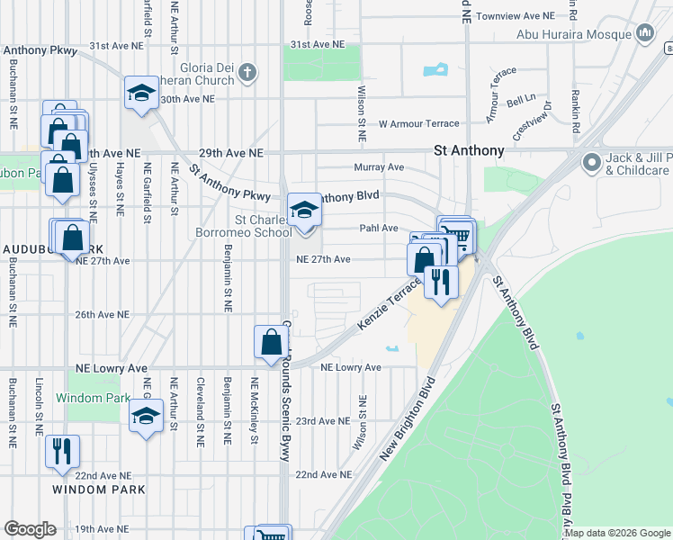 map of restaurants, bars, coffee shops, grocery stores, and more near 2424 27th Avenue Northeast in Minneapolis