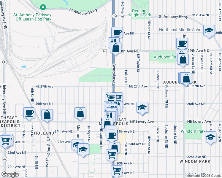 map of restaurants, bars, coffee shops, grocery stores, and more near 2646 Central Avenue Northeast in Minneapolis