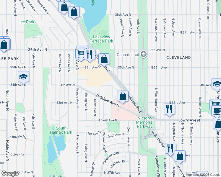 map of restaurants, bars, coffee shops, grocery stores, and more near 3349 Beard Avenue North in Minneapolis