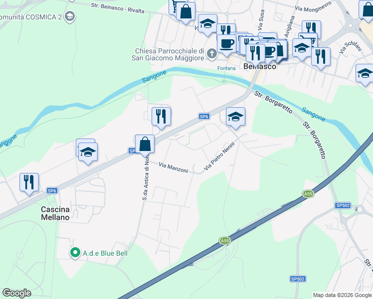 map of restaurants, bars, coffee shops, grocery stores, and more near 6 Via Amendola in Beinasco
