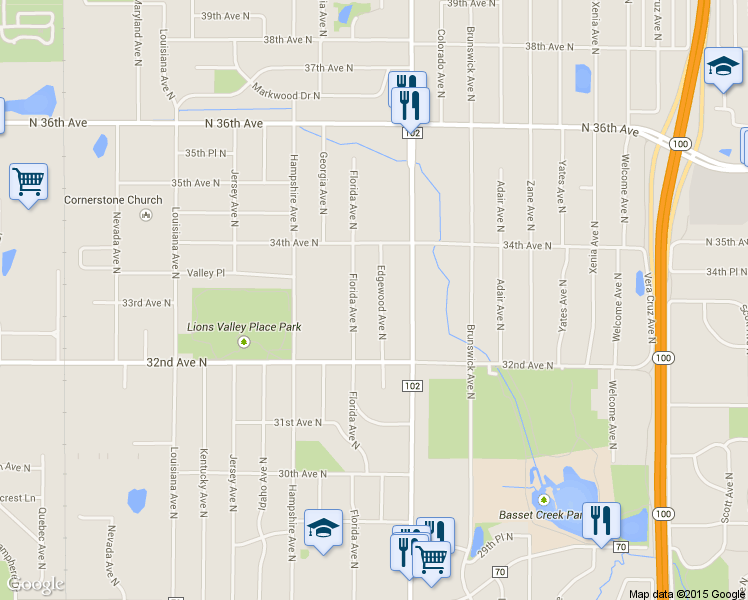 map of restaurants, bars, coffee shops, grocery stores, and more near 3301 Edgewood Avenue North in Minneapolis