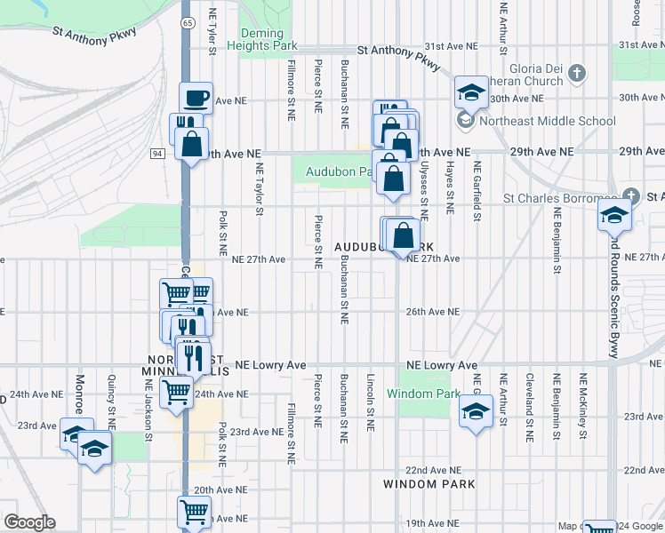 map of restaurants, bars, coffee shops, grocery stores, and more near 2652 Buchanan Street Northeast in Minneapolis