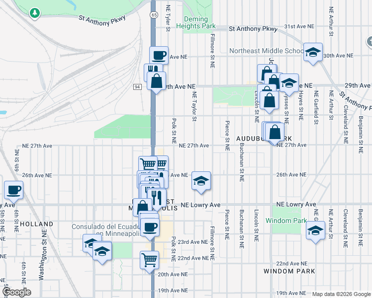 map of restaurants, bars, coffee shops, grocery stores, and more near 1016 27th Ave NE in Minneapolis