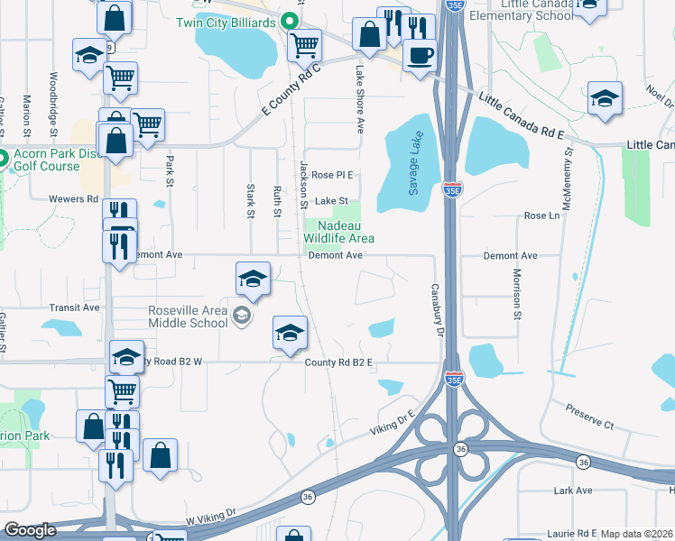 map of restaurants, bars, coffee shops, grocery stores, and more near 130 Demont Avenue in Little Canada
