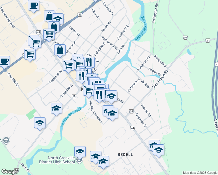 map of restaurants, bars, coffee shops, grocery stores, and more near 105 Asa Street in Kemptville
