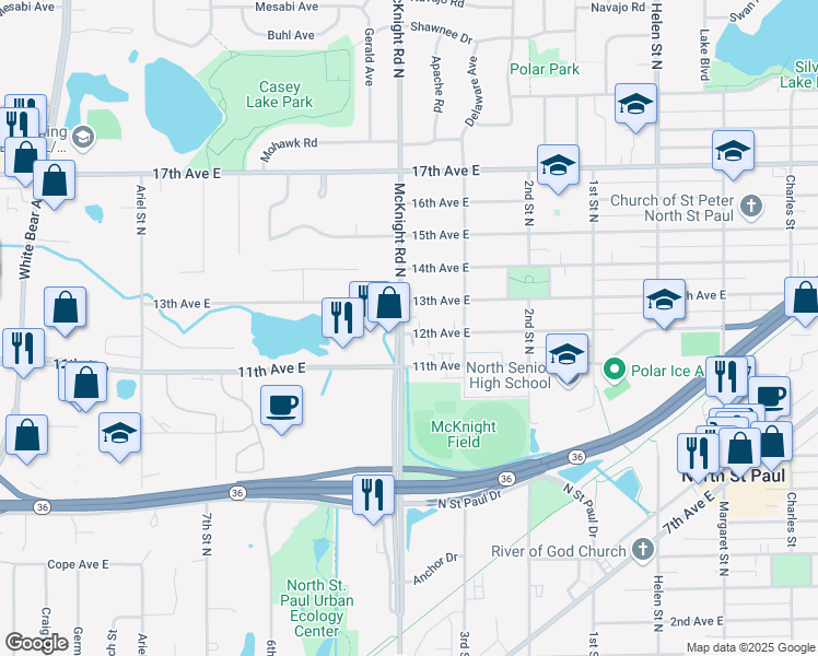map of restaurants, bars, coffee shops, grocery stores, and more near 2269 12th Avenue East in North Saint Paul