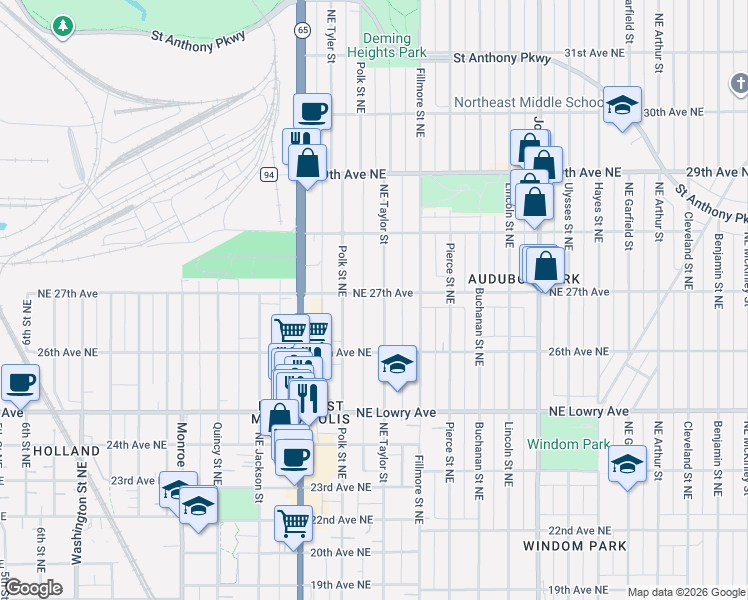 map of restaurants, bars, coffee shops, grocery stores, and more near 1016 27th Avenue Northeast in Minneapolis