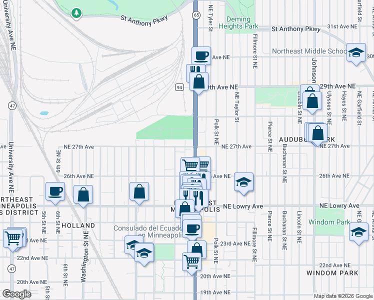 map of restaurants, bars, coffee shops, grocery stores, and more near 2646 Central Avenue Northeast in Minneapolis