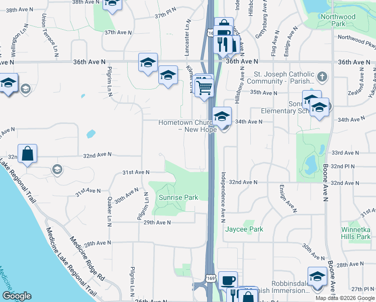 map of restaurants, bars, coffee shops, grocery stores, and more near 3301 U.S. 169 in Plymouth