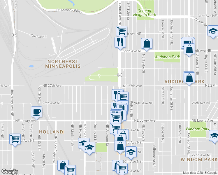 map of restaurants, bars, coffee shops, grocery stores, and more near 900 27th Avenue Northeast in Minneapolis