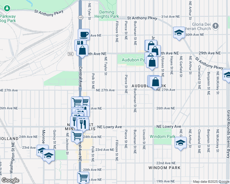map of restaurants, bars, coffee shops, grocery stores, and more near 1110 27th Avenue Northeast in Minneapolis