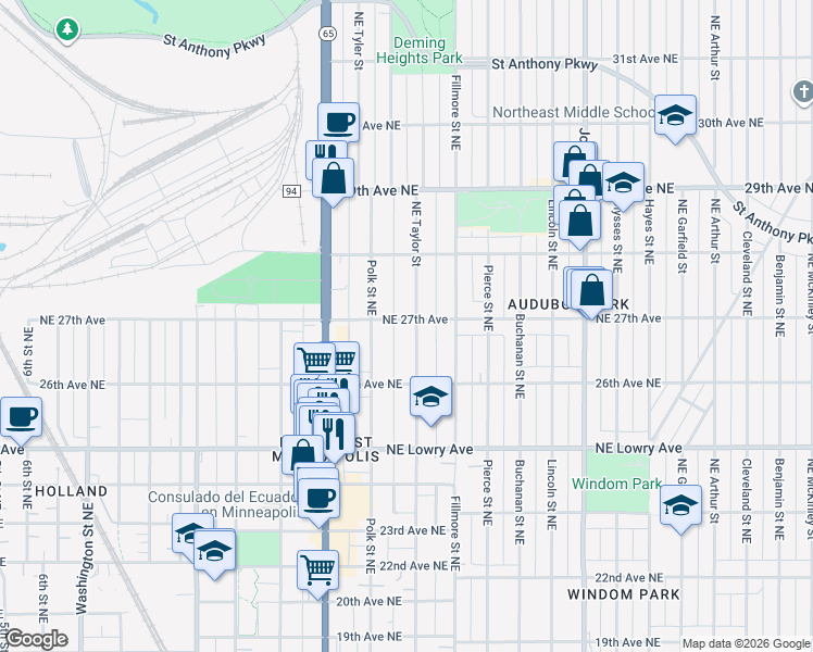 map of restaurants, bars, coffee shops, grocery stores, and more near 1016 27th Avenue Northeast in Minneapolis