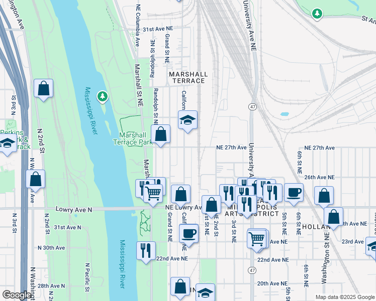 map of restaurants, bars, coffee shops, grocery stores, and more near 2655 California Street Northeast in Minneapolis