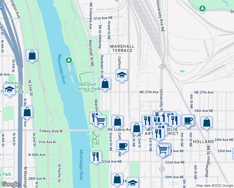 map of restaurants, bars, coffee shops, grocery stores, and more near 2651 Grand Street Northeast in Minneapolis