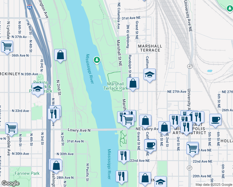 map of restaurants, bars, coffee shops, grocery stores, and more near 2652 Marshall Street Northeast in Minneapolis