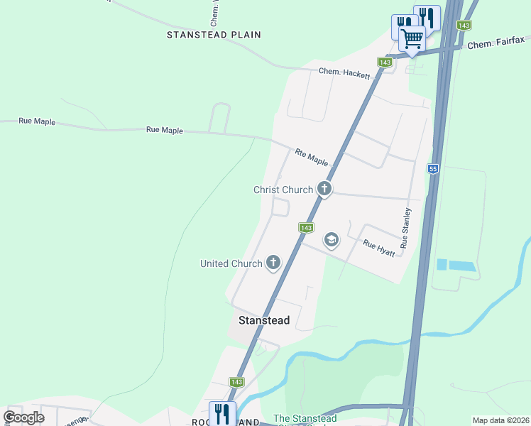 map of restaurants, bars, coffee shops, grocery stores, and more near 27 Rue Mountainview in Stanstead