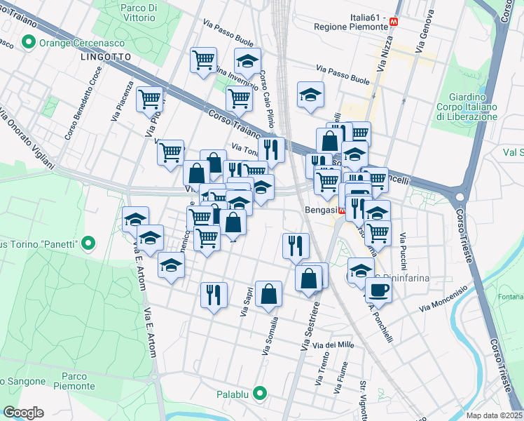 map of restaurants, bars, coffee shops, grocery stores, and more near 12 Via Torrazza Piemonte in Turin