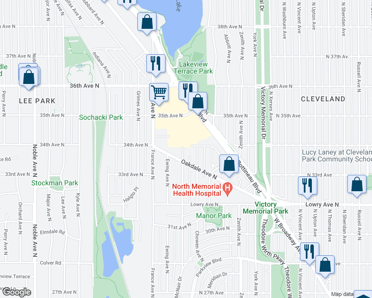 map of restaurants, bars, coffee shops, grocery stores, and more near 3350 Drew Avenue North in Robbinsdale