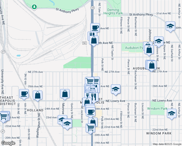 map of restaurants, bars, coffee shops, grocery stores, and more near 2646 Central Avenue Northeast in Minneapolis