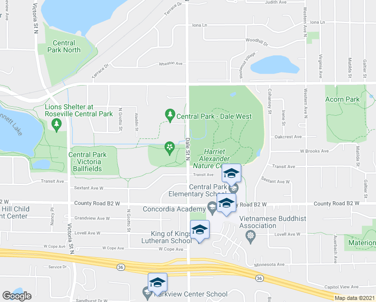 map of restaurants, bars, coffee shops, grocery stores, and more near 2495 Dale Street North in Roseville