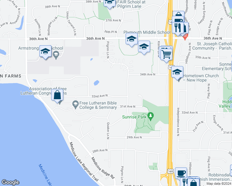 map of restaurants, bars, coffee shops, grocery stores, and more near 10040 32nd Avenue North in Minneapolis